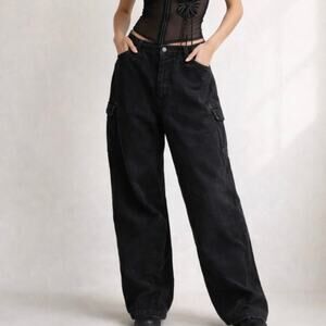 Vintage 90s DKNY Black Cotton Cargo Pants High Waist Baggy Fit Size 30